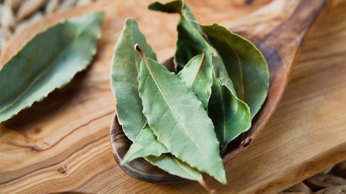 Bay leaves on a wooden spoon